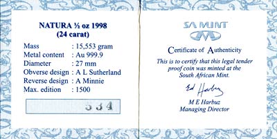 1998 Proof Half Ounce Gold Natura Certificate