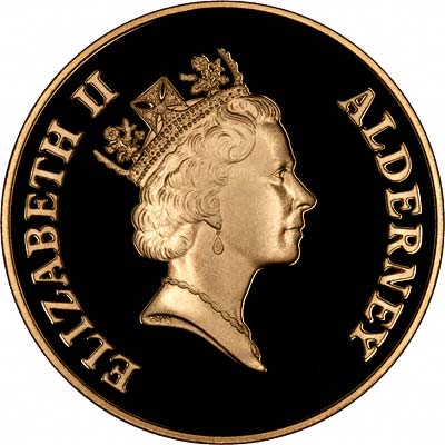 Obverse of 1999 Alderney Solar Eclipse 125th Anniversary Gold £2 Proof
