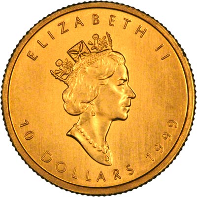 Obverse of 1999 Canadian Quarter Ounce Gold Maple Leaf