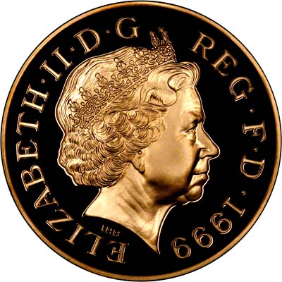 Obverse of the 1999 Proof Five Pounds Millennium Gold Coin