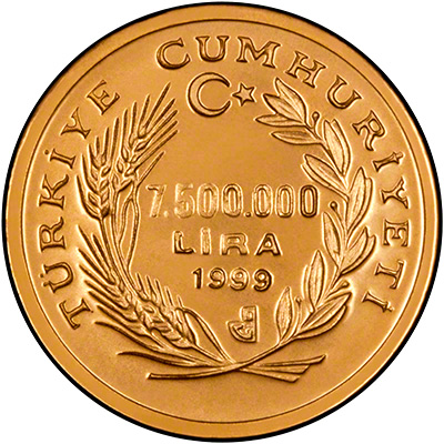 1999 Turkey 7,500,000 Lire Gold Coin Obverse
