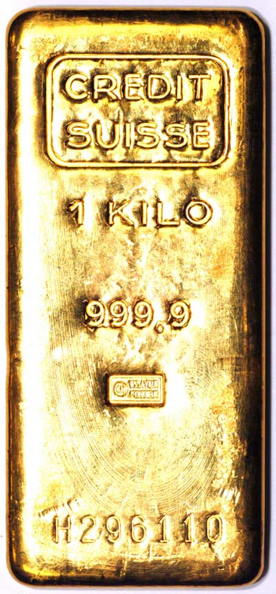Obverse of Credit Suisse Gold Kilo Bar