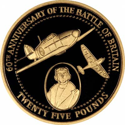 on Reverse of 2000 Alderney Battle of Britain 60th Anniversary Gold £25 Proof
