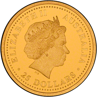 Obverse Design of a Year 2000 Australian Quarter Ounce Gold Proof Kangaroo Nugget Coin
