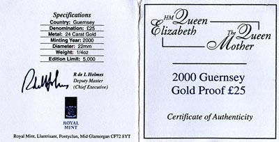 2000 Guernsey Gold Proof £25 Certificate