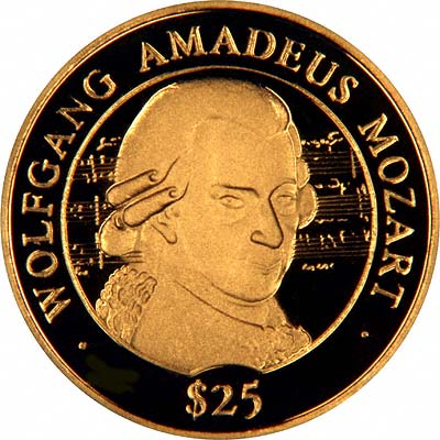 Mozart on Reverse of 2005 Liberian Gold 25 Dollars