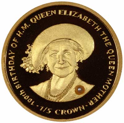 Queen Mother with Pearl Brooch on Reverse of 2000 Manx Gold Crown
