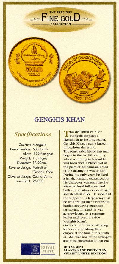 Royal Mint Certificate for 2000 Mongolia 500 Tugrik Genghis Khan