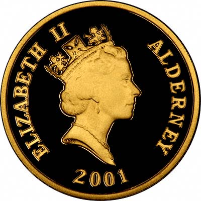 Obverse of 2001 Alderney Queen's 75th Birthday Gold £25 Proof