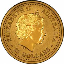 Obverse Design of a Year 2001 Australian Quarter Ounce Gold Kangaroo Nugget Coin