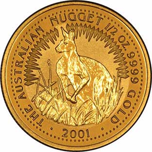 Obverse Design of a Year 2001 Australian Half Ounce Gold Kangaroo Nugget Coin