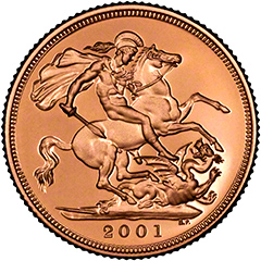 Reverse of Year 2001 Gold Sovereign Coin