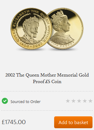 2002 Gold Proof Queen Mother Memorial Five Pound Crown Royal Mint Overlay Error