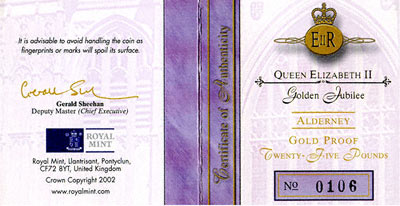 2002 Alderney Gold Proof £25 Certificate