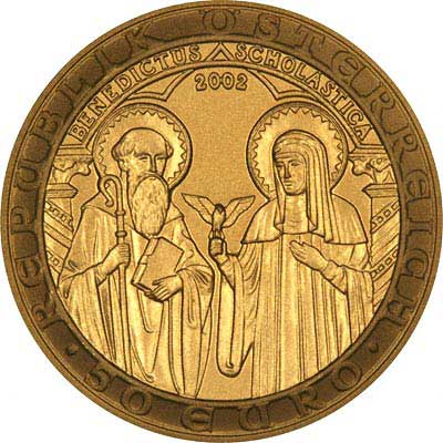 Saint Benedict & his Sister St. Scholastica on Obverse of 2002 Austrian Gold 50 Euros