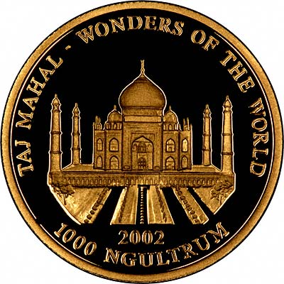 Wonders of the World - Taj Mahal on Reverse of 2002 Bhutan Gold Proof 1,000 Ngultrum