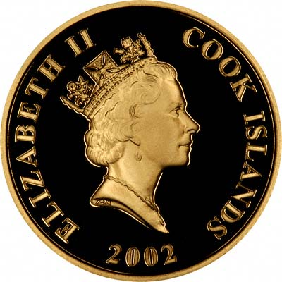 Obverse of 2002 Cook Islands Golden Jubilee $20 Gold Coin