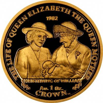 Queen Mother with Princess Diana at Prince William's Christening on Reverse of 2002 Gibraltar Gold Crown