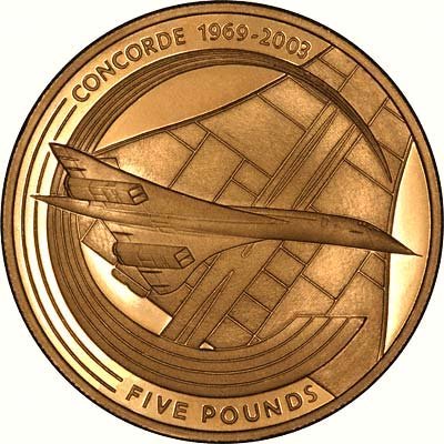 Concorde on Reverse of 2003 Alderney Gold Five Pounds