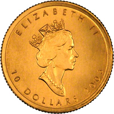 Obverse of 2003 Canadian Quarter Ounce Gold Maple Leaf