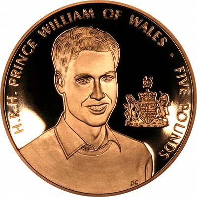 Prince William of Wales on Reverse of 2003 Guernsey Gold £5 Crown