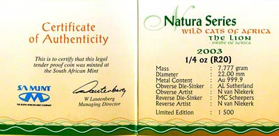 2003 Proof Natura Quarter Ounce Gold Natura Certificate