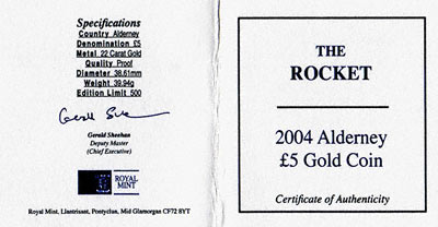 2004 Alderney 'The Rocket' Gold £5 Proof Certificate
