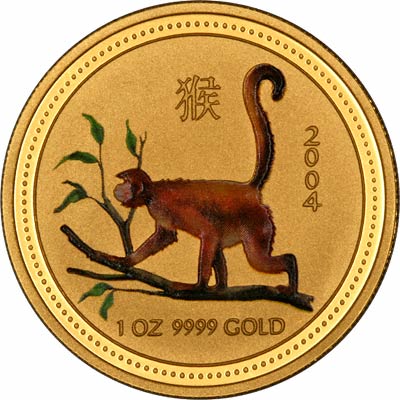 Reverse of 2004 Lunar Year of the Monkey Coloured One Ounce Gold Coin