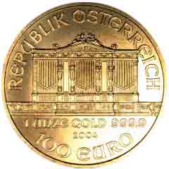 Obverse of 2004 Austrian One Ounce Philharmoniker Gold Coin