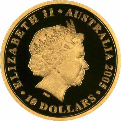 Obverse of 2005 Australia $10 ANZAC 90th Anniversary Gold Proof