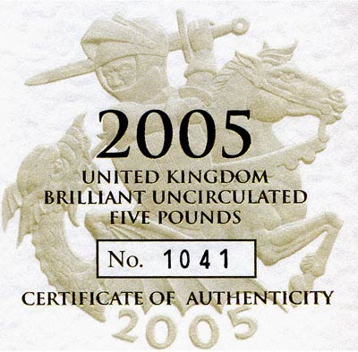 2005 Brilliant Uncirculated Five Pound Gold Coin Certfificate