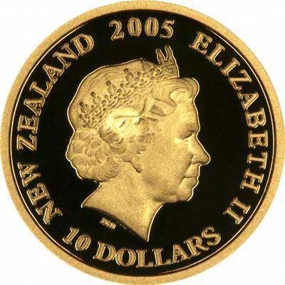Obverse of 2005 New Zealand $10 ANZAC 90th Anniversary Gold Proof