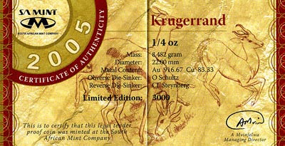 2005 Quarter Ounce Proof Krugerrand Certificate