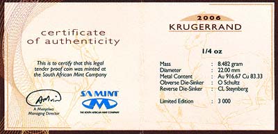 2006 Quarter Ounce Proof Krugerrand Certificate