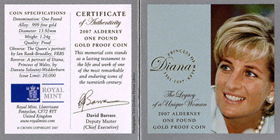 2007 Alderney Princess Diana Gold Proof One Pound Coin Certificate