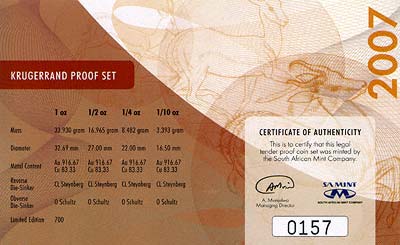 2007 South African Proof Krugerrand 4 Coin Set Certificate