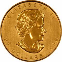 Obverse of One Ounce Gold Canadian Maple Leaf