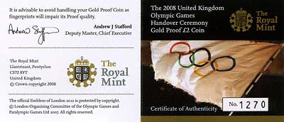 2008 Olympic Games Handover Ceremony Two Pound Certificate