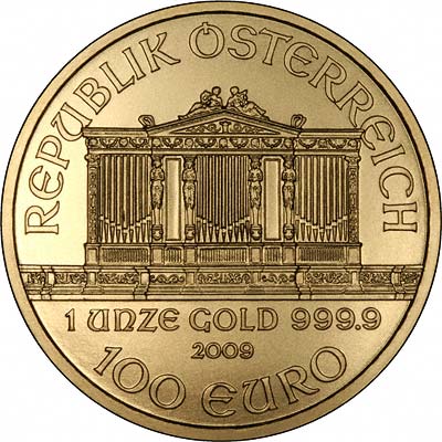 Obverse of 2009 Austrian One Ounce Philharmoniker Gold Coin