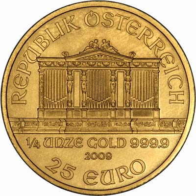 Obverse of 2009 Austrian Quarter Ounce Philharmoniker Gold Coin
