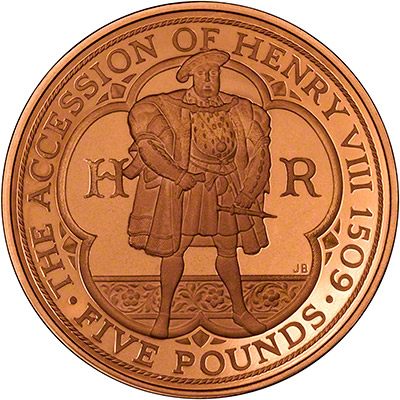 Reverse of 2009 Henry VIII 500th Anniversary Gold Proof Five Pounds Crown