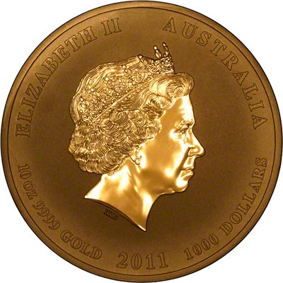 Obverse of 2011 Australian Year of the Rabbit Ten Ounce Gold Coin