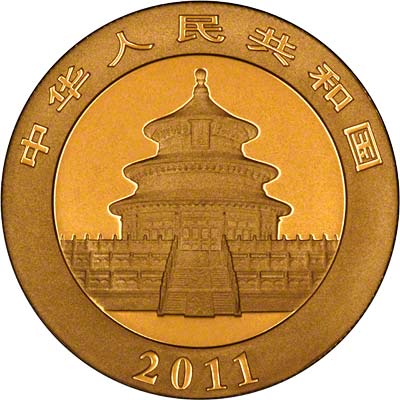 Obverse of  2011 Chinese One Ounce Gold Panda Coin