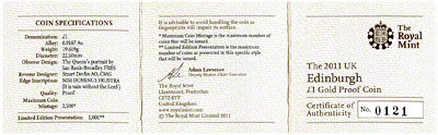 2011 Gold Proof £1 Coin Certificate