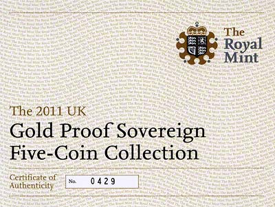 2011 Gold Sovereign 5 Coin Proof Set Certificate
