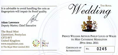2011 Royal Wedding Gold Five Pound Crown Certificate