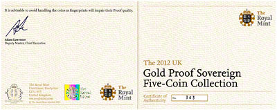 2012 Five Coin Gold Proof Set Certificate
