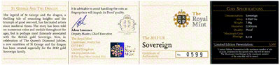 2012 Gold Proof Sovereign Certificate