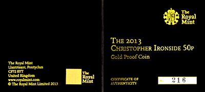 2013 100th Anniversary of the Birth of Christopher Ironside Gold Proof Fifty Pence Certificate Obverse