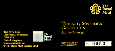 Obverse of 2013 Gold Proof Quarter Sovereign Certificate